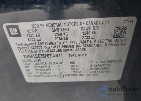 2015 Chevrolet Equinox 2Lt z USA, uszkodzony, nr VIN 2GNFLCE35F6202474